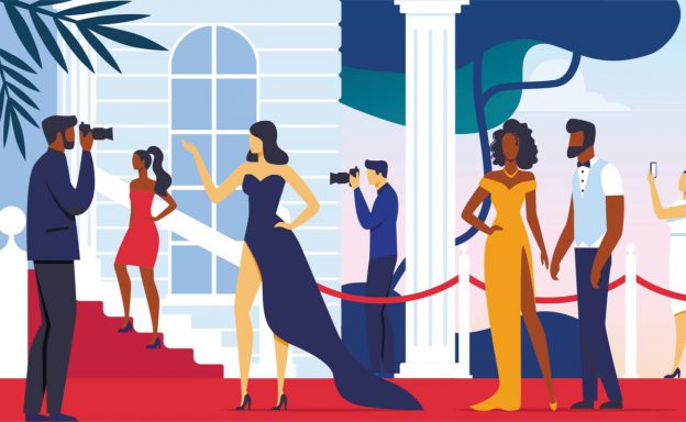 Illustration of press taking pictures of celebrities at a red carpet event