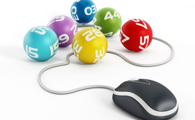 Internet lottery concept with computer mouse connected to lottery balls