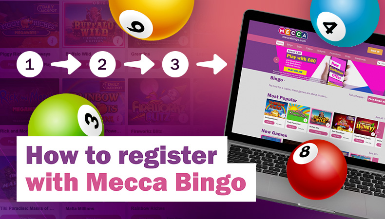 How to register with Mecca Bingo written next to a laptop