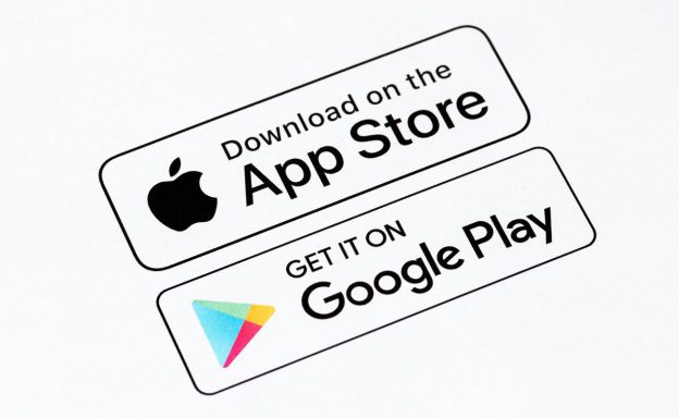 Close-up shot of App Store and Google Play download buttons