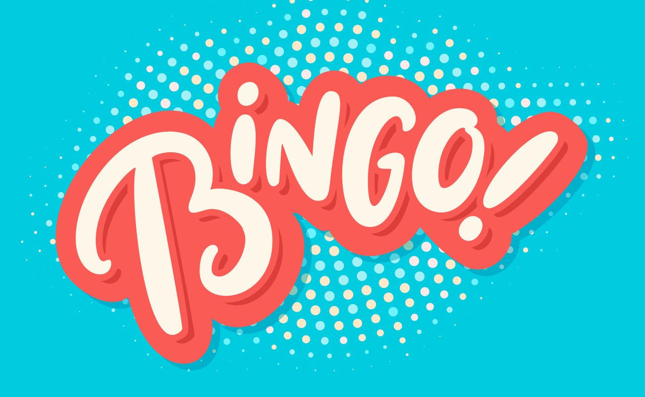 Bingo graphics in dusty pink and bright blue background