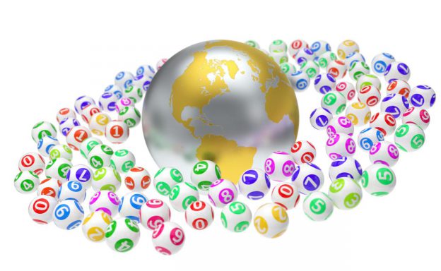 Lots of bingo balls orbiting a silver and gold earth