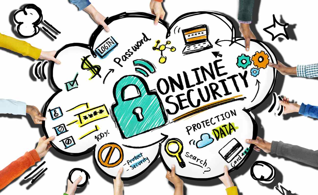 Drawing of online security concepts with multiple hands holding the drawing