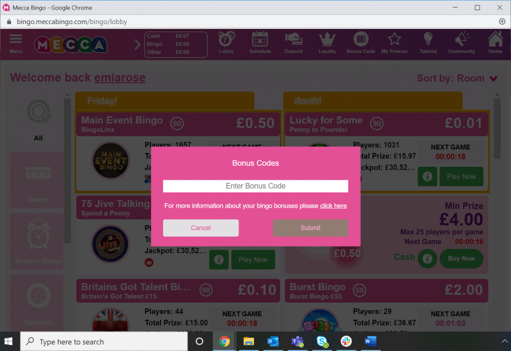 mecca bingo free spins code