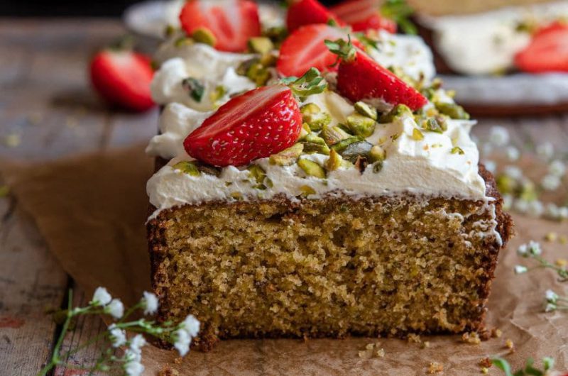 Strawberry & pistachio olive oil cake