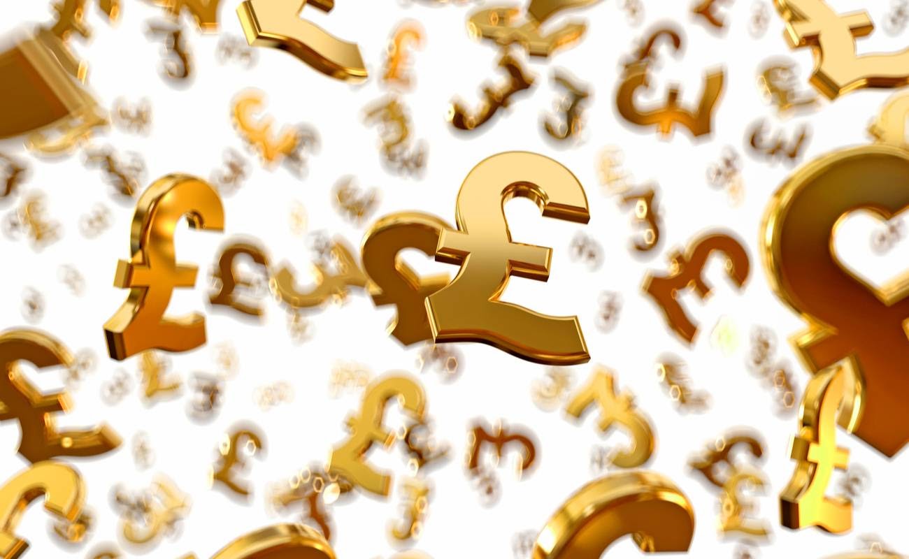 Golden pound sterling signs falling.