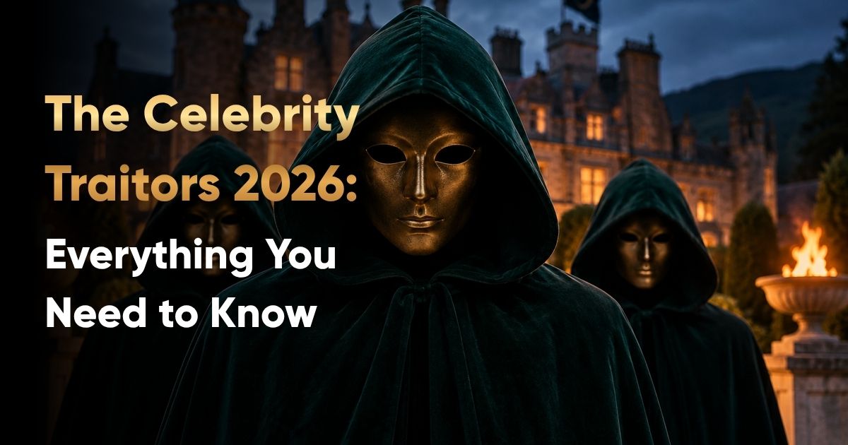 Three masked figures outside a manor house in an image for The Celebrity Traitors 2026